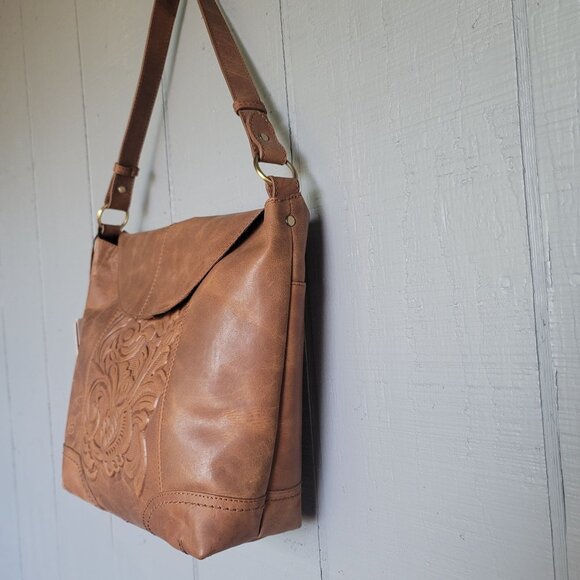 Born Genuine Leather Saddle Floral Embossed Shoulder Handbag - Picture 2 of 14